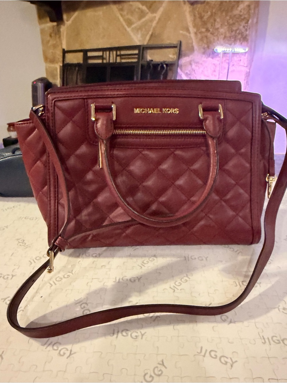 Pre-Own Michael Kors Quilted Satchel in Burgundy with Gold Hardware